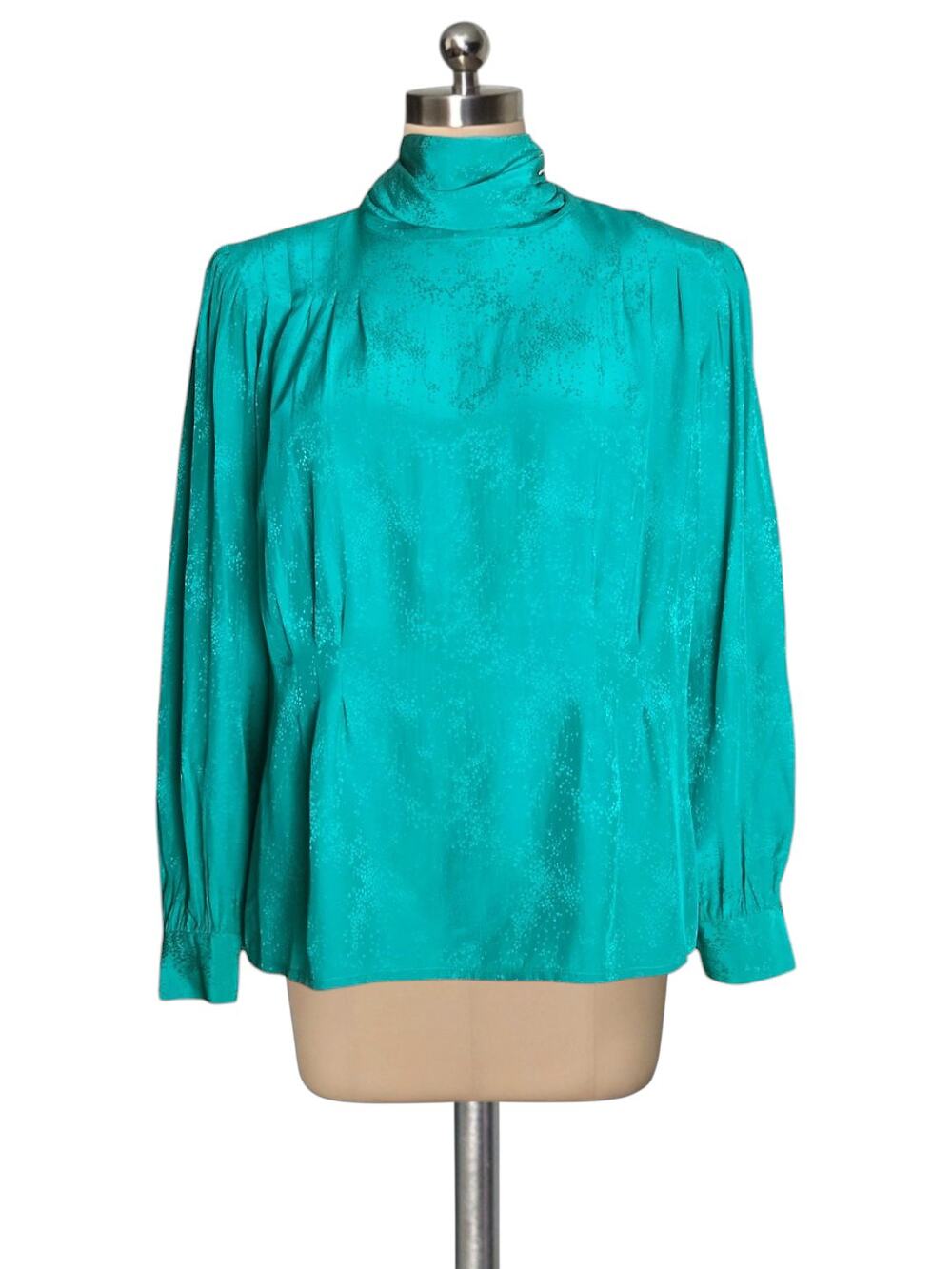 VINTAGE 70's 80's OLEG CASINI Silk Emerald Green Long Sleeve Satin 6 Blouse Top